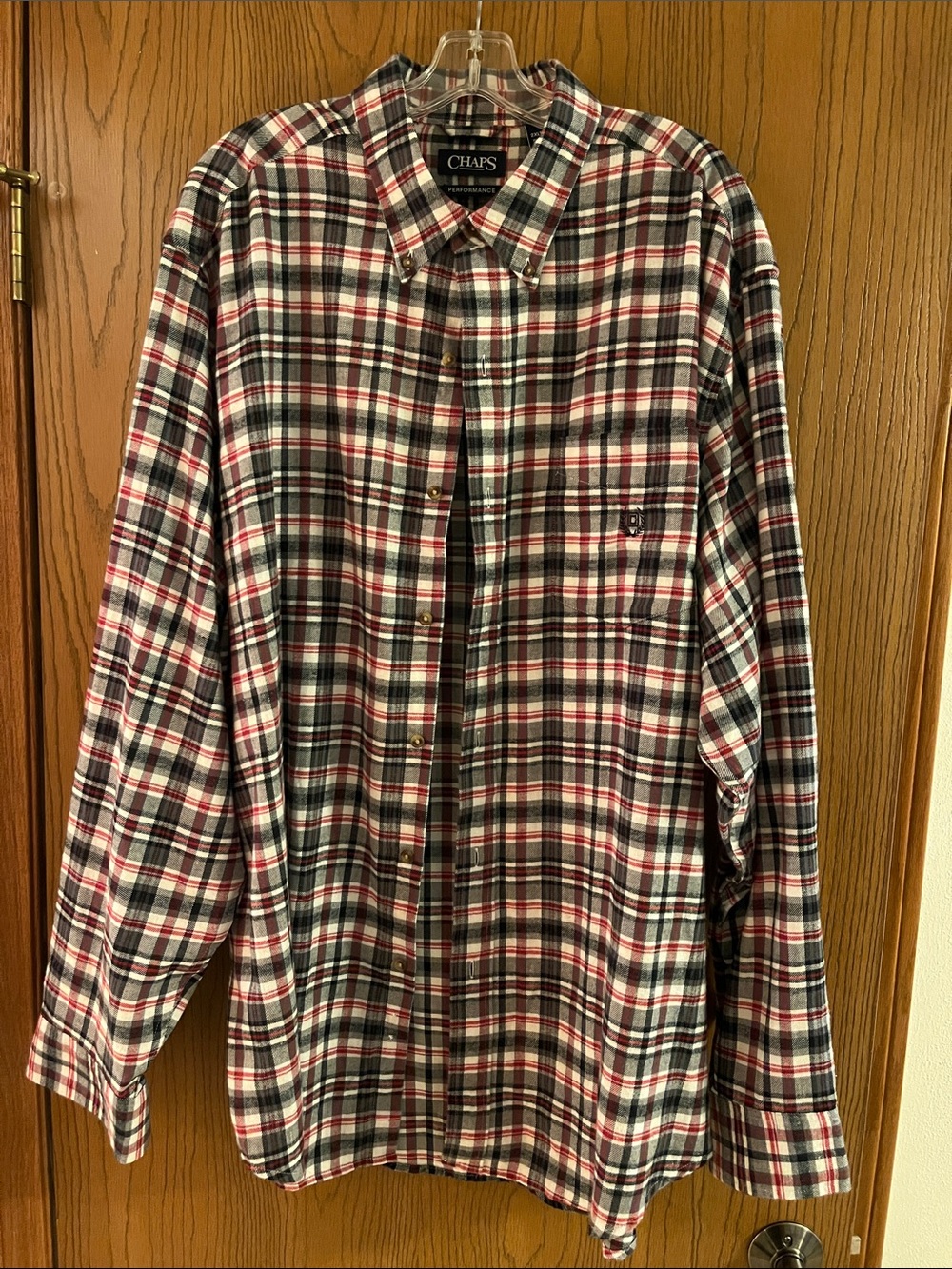 Chaps Men’s 2XL Tall Red, Gray & White Plaid Flannel Button-Down Shirt